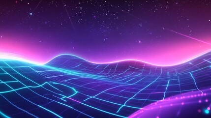 Poster - Dynamic light trails across a cyberspace grid background virtual environment digital art concept