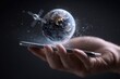 © AJIE - Hand holds phone, Earth & satellite appear holographic