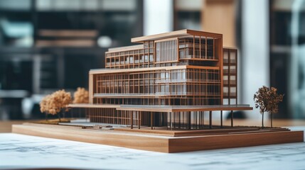 Poster - Detailed wooden model of a modern office building urban workspace architectural visualization