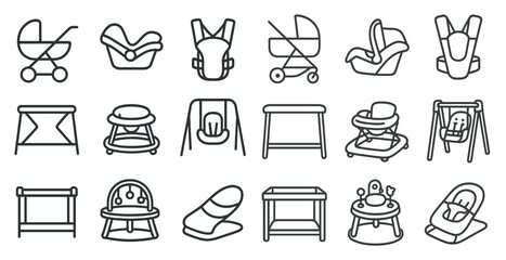 Fototapete - Set of baby items including a stroller, high chair, and car seat. The items are all drawn in a simple, stylized way