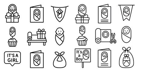 Poster - Collection of baby-themed icons, such as a baby, a cupcake, a sign, and a gift. These icons are often used in baby-related products, such as baby clothes, toys, and decorations