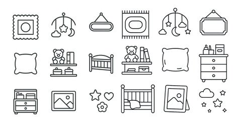 Fototapete - Collection of baby items including a crib, a teddy bear, a rocking chair, a picture frame, and a pillow
