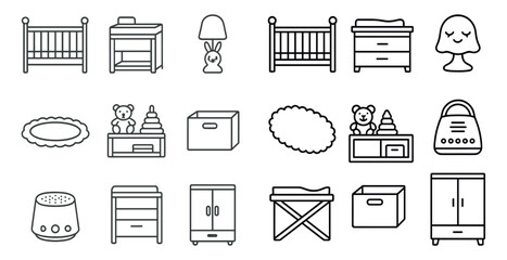 Fototapete - Collection of baby furniture and accessories, including a crib, changing table, and toy chest. Scene is playful and cute, with the teddy bear and other toys adding a sense of warmth