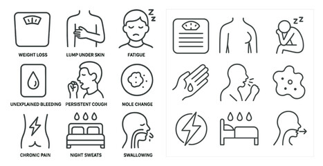 Fototapete - Series of health-related icons, including a scale, a hand, and a person with a cough. The icons are arranged in a grid, with some overlapping each other. Scene is serious and informative