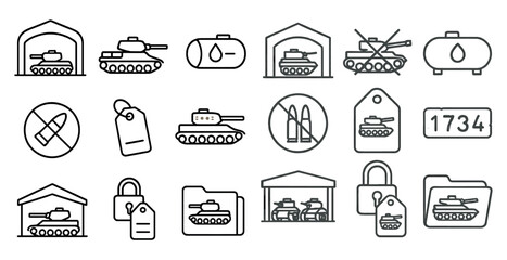 Fototapete - Set of military icons including a tank, a gun, a building, and a garage. The icons are all in black and white