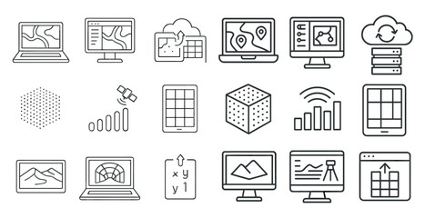 Fototapete - Set of icons for technology and business. The icons include a laptop, tablet, computer monitor, and a cloud