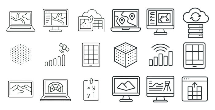Set of icons for technology and business. The icons include a laptop, tablet, computer monitor, and a cloud