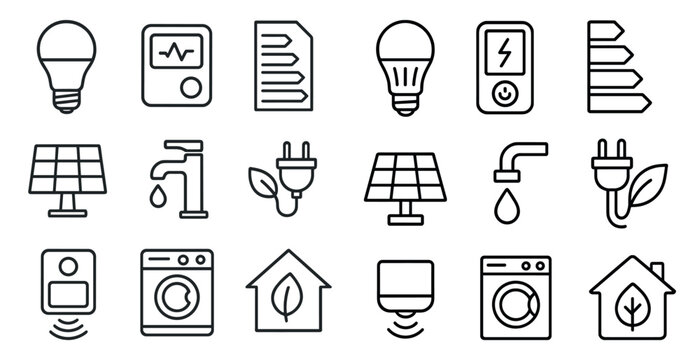 Collection of icons for home appliances and energy efficiency. The icons include a light bulb, a washing machine, a refrigerator, a sink, a phone, a laptop, a tablet, a computer, a television