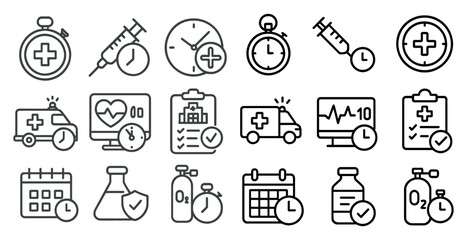Fototapete - Set of medical icons including a clock, syringe, and a hospital. The icons are arranged in a grid and are all in black