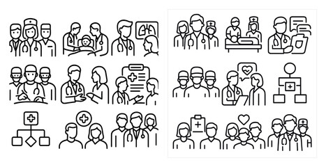 Fototapete - Series of medical professionals in various positions. Some are doctors, nurses, and other medical staff