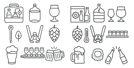 Fototapete - Collection of beer and wine related icons. The icons include a bottle, a glass, a cup, a spoon, a knife, a pair of scissors, a thermometer, and a chef's hat