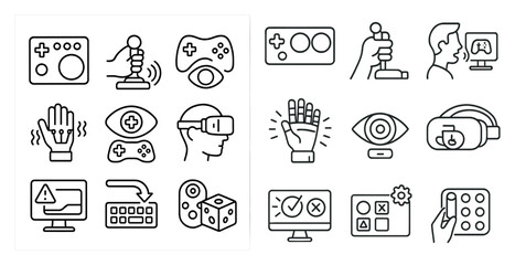 Fototapete - Set of icons for video games and virtual reality. The icons include a keyboard, a game controller, a joystick, a mouse, a headset, and a computer monitor. The icons are arranged in two rows