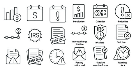 Fototapete - Set of icons for various financial documents and deadlines. The icons include a clock, a dollar sign, a calendar, and a red line