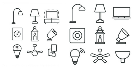Fototapete - Set of icons for home appliances and lighting. The icons include a light bulb, a fan, a lamp, a television, and a bowl. Scene is modern and minimalist, with a focus on the simplicity of the design