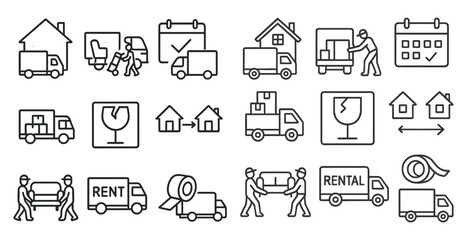 Fototapete - Series of black and white icons depicting various types of trucks and people. The icons include a rental truck, a moving truck, a delivery truck, and a truck with a broken window