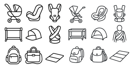 Fototapete - Collection of baby items including a stroller, car seat, and backpack. The items are all black and white