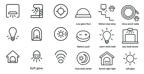Fototapete - Set of icons for various home appliances and lighting. The icons include a light bulb, a dog, a cat, a house, and a dog house. The icons are arranged in a grid, with some overlapping each other