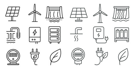 Fototapete - Collection of icons for various energy sources, including wind, solar, and hydroelectric power. The icons are all drawn in a simple, minimalist style, with a focus on the shapes