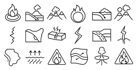 Fototapete - Series of black and white icons depicting various natural disasters. The icons include a volcano, a mountain, a fire, and a river