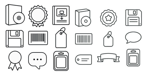 Fototapete - Collection of icons including a floppy disc, a book, a barcode, a tag, a speech bubble, and a star