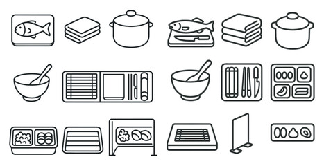 Fototapete - Set of kitchen utensils and dishes. The image is a collection of various kitchen items, including bowls, spoons, knives, and a pot. Scene is that of a kitchen