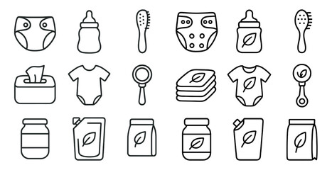 Fototapete - Set of baby items including diapers, bottles, and a baby brush. The items are arranged in a grid, with each item separated by a small space
