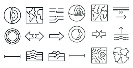 Fototapete - Series of icons depicting various natural phenomena such as mountains, rivers, and oceans. The icons are all in black and white and are arranged in a grid