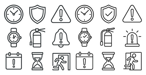 Fototapete - Set of icons that include a clock, a bell, a fire extinguisher, and a person running