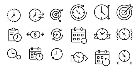 Fototapete - Set of white clock icons with a red arrow pointing to a calendar icon. The calendar icon has a red arrow pointing to a dollar sign