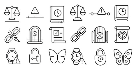 Fototapete - Set of icons that include a scale, a book, a clock, a butterfly, a key, a lock, a chain, a prison cell, a castle, a castle gate, a castle window, a castle door, a castle wall,