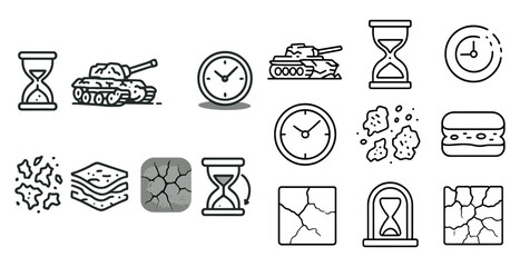 Fototapete - Collection of black and white icons, including a clock, a sandwich, a broken clock, a broken clock face, a broken clock hands, a broken clock hands and a broken clock