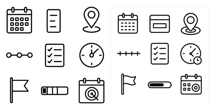 Collection of icons for a calendar app. The icons include a calendar, a clock, a check mark, a check box, a check mark, a check box, a check mark, a check box, a check mark, a check box