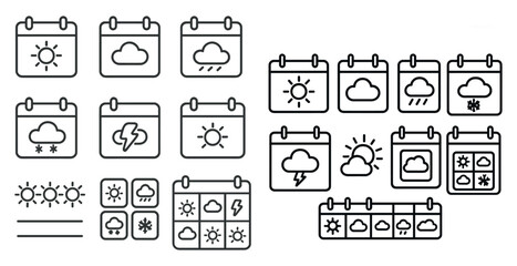 Fototapete - Set of weather icons and calendars. The weather icons include clouds, sun, rain, and lightning. The calendars are lined up in a row and feature different weather patterns
