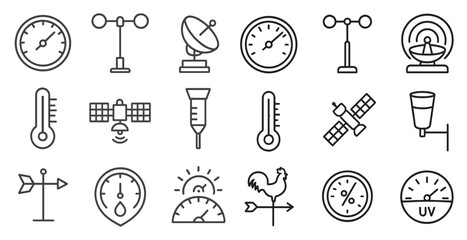 Fototapete - Collection of weather icons including a thermometer, a barometer, a wind vane, and a satellite