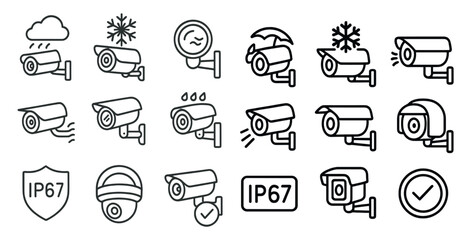 Fototapete - Collection of security camera icons, including a shield, a camera, and a clock. The clock is marked with a checkmark, indicating that it is functioning properly