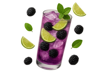 Poster - Refreshing blackberry lime drink with mint and ice, isolated on transparent background