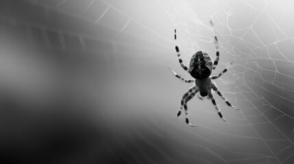 A spider in a web, grayscale