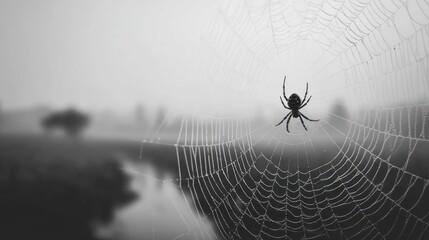 Spider on a web in a foggy landscape