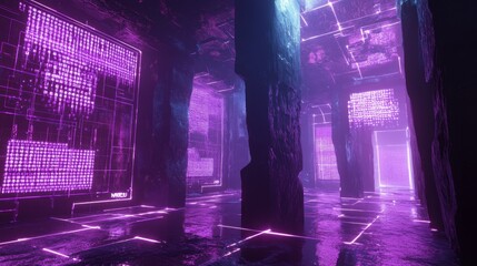 Poster - Exploring a high-tech cyberspace with glowing digital grids virtual realm digital art futuristic environment immersive perspective