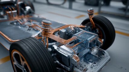 Poster - Electric vehicle chassis is revealing its components, including the engine, battery, and copper pipes, surrounded by glowing particles, creating a futuristic ambiance in an industrial setting