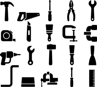 A collection of black silhouette icons representing various hand tools and construction equipment arranged on a white background for easy use