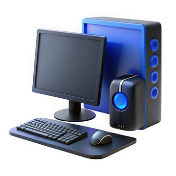 3d modern computer setup with blue accents isolated on transparent background