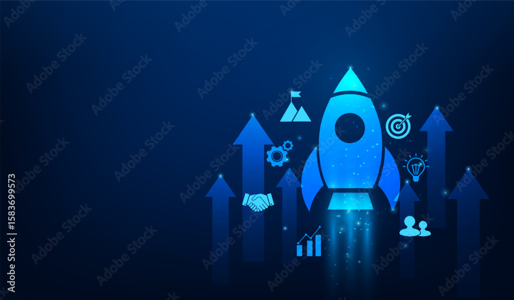 business startup concept rocket launch success with icon on blue ...