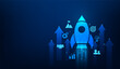 © Yellow duck - business startup concept rocket launch success with icon on blue background. strategy and mission achievement concept. vector illustration fantastic technology.