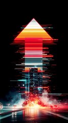 Poster - Futuristic Neon Arrow Rising from Exploding Cityscape with Light Trails