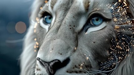 Poster - Futuristic Lion Close Up with Glowing Fiber Optic Mane and Blue Eyes