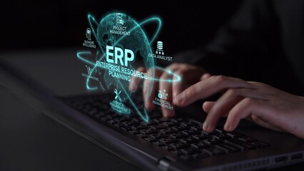 Poster - ERP platform visual showing centralized system for enterprise resource planning, improving integration, data flow, business efficiency, finance, inventory, and human resources. Muxer