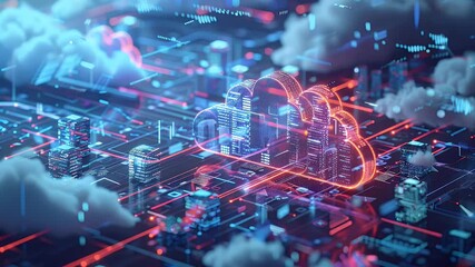 Poster - Futuristic city scene, illuminated by vibrant blue and red data streams and clouds, set against a dark background.