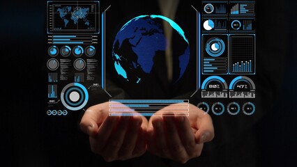 Poster - High-tech global network connection interface showing worldwide digital communication, data exchange, and internet connectivity. Global connection, data interaction, and worldwide communication. Thunk