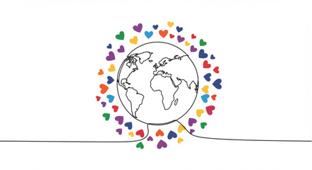 Poster - Earth globe surrounded by colorful hearts in single line outline design  